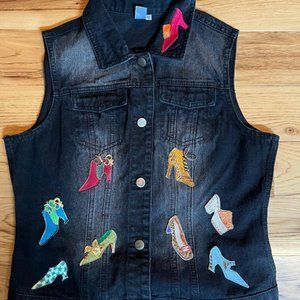 NWOT Womens Miss Molly Black Jean Vest, Shoe Appliques & Patches, Size Med/Lg